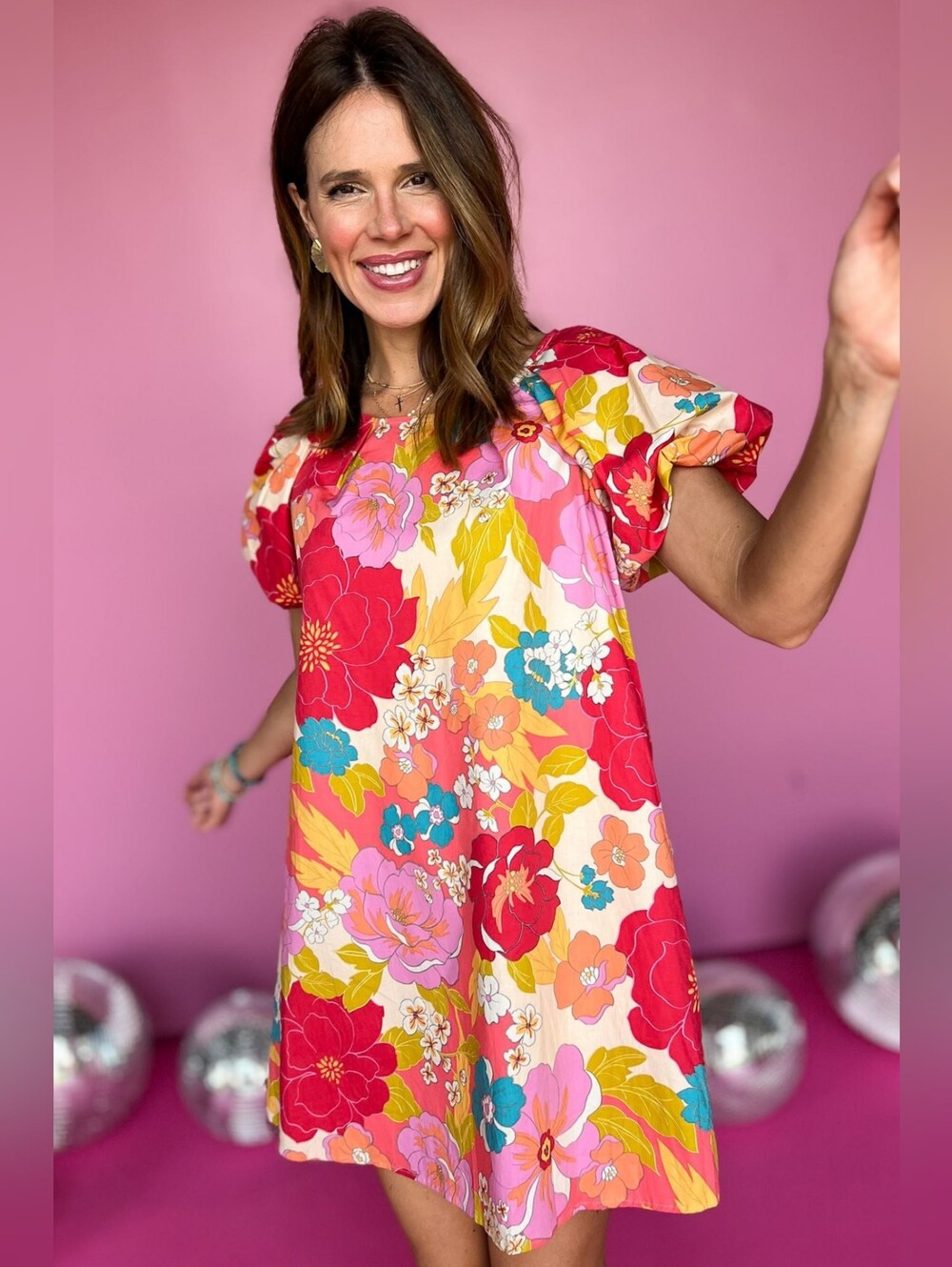 easel Bright Floral Puff-Sleeve Mini Dress in Pink, Red, Yellow